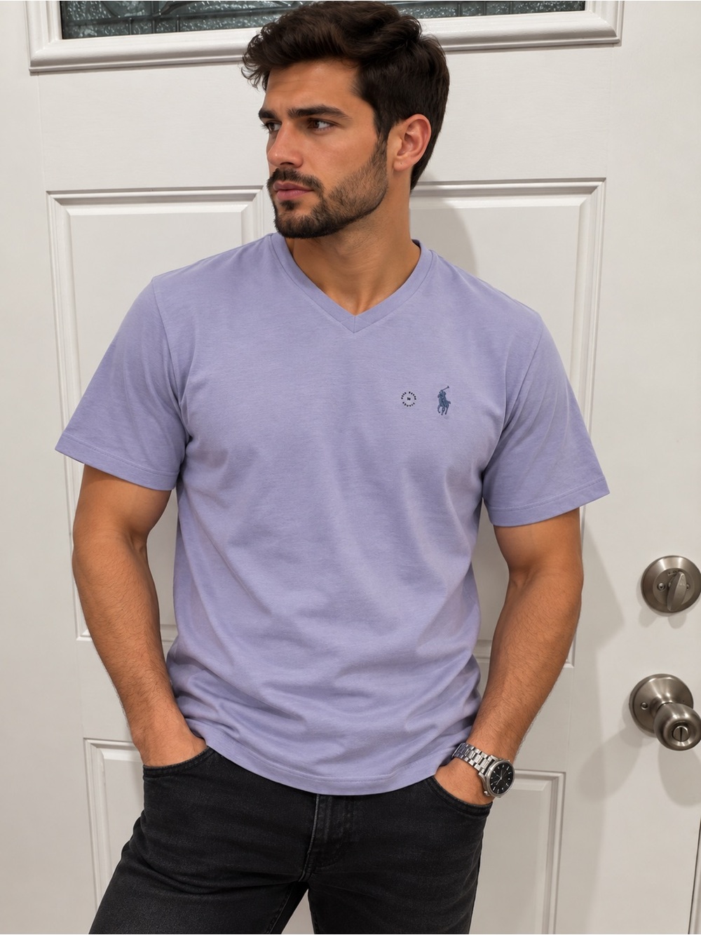 Polo by Ralph Lauren Men’s Lavender V-Neck Tee with Embroidered Pony